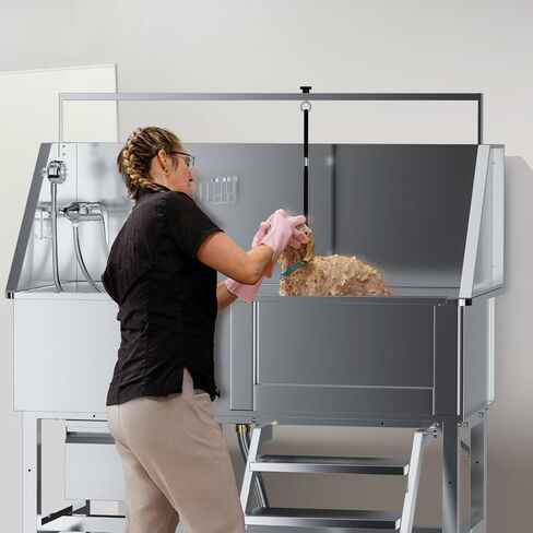 46" Dog Washing Station, Professional Stainless Steel Dog Bathing Station Dog Bathtub for Large & Medium Dog, Height Adjustable Dog Grooming Tub with Storage Drawer, Movable Stair (Right Stair) in Saudi Arabia