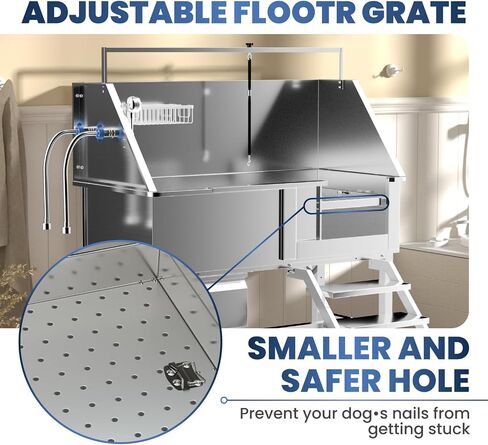 46" Dog Washing Station, Professional Stainless Steel Dog Bathing Station Dog Bathtub for Large & Medium Dog, Height Adjustable Dog Grooming Tub with Storage Drawer, Movable Stair (Right Stair) in Saudi Arabia