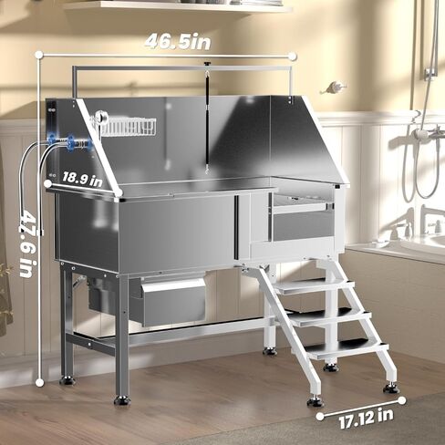 46" Dog Washing Station, Professional Stainless Steel Dog Bathing Station Dog Bathtub for Large & Medium Dog, Height Adjustable Dog Grooming Tub with Storage Drawer, Movable Stair (Right Stair) in Saudi Arabia
