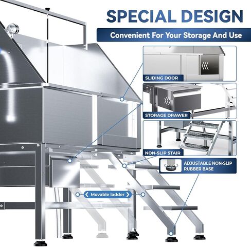 46" Dog Washing Station, Professional Stainless Steel Dog Bathing Station Dog Bathtub for Large & Medium Dog, Height Adjustable Dog Grooming Tub with Storage Drawer, Movable Stair (Right Stair) in Saudi Arabia