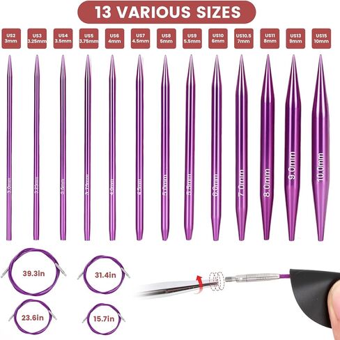 liomey Interchangeable Circular Knitting Needles Set - 13 Pairs (3mm-10mm) with 4 Flexible Cables, Aluminum Needle, Ergonomic Design for Beginners and Advanced Knitters, Blue in Saudi Arabia