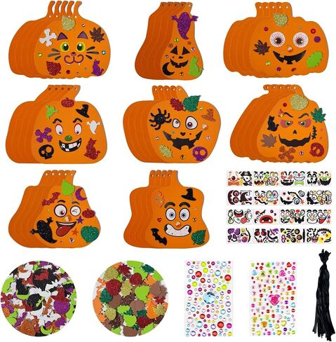 Crafjie 40set Fall Halloween Foam Pumpkin Craft Kit Decorations Pumpkin Foam Stickers Set with Fall Maple Leaves Rhinestone Stickers for Halloween Thanksgiving Art Crafts Decorations in Saudi Arabia