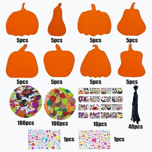Crafjie 40set Fall Halloween Foam Pumpkin Craft Kit Decorations Pumpkin Foam Stickers Set with Fall Maple Leaves Rhinestone Stickers for Halloween Thanksgiving Art Crafts Decorations in Saudi Arabia