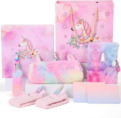 9 Pcs Unicorn Gift Stationery Set for Girls Age 4-10 Colorful Plush Pencil Case Notebook, Ballpoint Pen, Socks, Envelope Greeting Card Box for Christmas Halloween Birthday Gift in Saudi Arabia