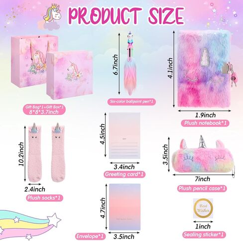 9 Pcs Unicorn Gift Stationery Set for Girls Age 4-10 Colorful Plush Pencil Case Notebook, Ballpoint Pen, Socks, Envelope Greeting Card Box for Christmas Halloween Birthday Gift in Saudi Arabia