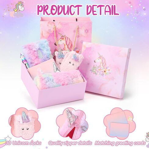 9 Pcs Unicorn Gift Stationery Set for Girls Age 4-10 Colorful Plush Pencil Case Notebook, Ballpoint Pen, Socks, Envelope Greeting Card Box for Christmas Halloween Birthday Gift in Saudi Arabia