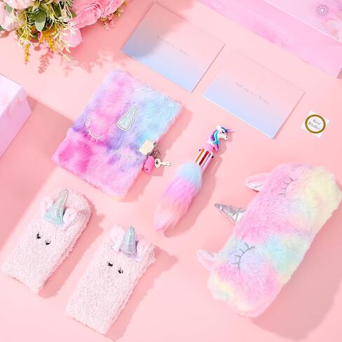 9 Pcs Unicorn Gift Stationery Set for Girls Age 4-10 Colorful Plush Pencil Case Notebook, Ballpoint Pen, Socks, Envelope Greeting Card Box for Christmas Halloween Birthday Gift in Saudi Arabia