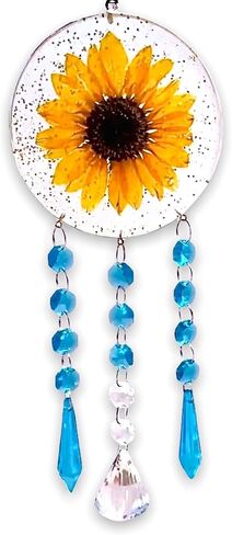 Sunflower Crystal Suncatcher ، هدية Hoppie Housewarming ، Dreamcatcher Garden Window Decor ، شنق الجدار ، صانع قوس قزح ، زهرة مجففة حقيقية (اللون الكريستالي - الأزرق) in Saudi Arabia