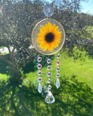 Sunflower Crystal Suncatcher ، هدية Hoppie Housewarming ، Dreamcatcher Garden Window Decor ، شنق الجدار ، صانع قوس قزح ، زهرة مجففة حقيقية (اللون الكريستالي - الأزرق) in Saudi Arabia