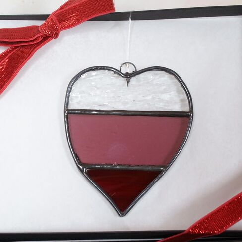 TCAG Heart Suncatcher (3"x3"), Clear Pink Red Striped Heart Ornament, Authentic Stained Art Glass, Handmade in Indiana, Mother's Day, Anniversary Gift, Birthday Gift, Packaged with Tissue and Ribbon in Saudi Arabia