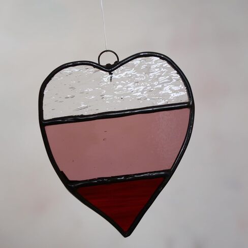 TCAG Heart Suncatcher (3"x3"), Clear Pink Red Striped Heart Ornament, Authentic Stained Art Glass, Handmade in Indiana, Mother's Day, Anniversary Gift, Birthday Gift, Packaged with Tissue and Ribbon in Saudi Arabia