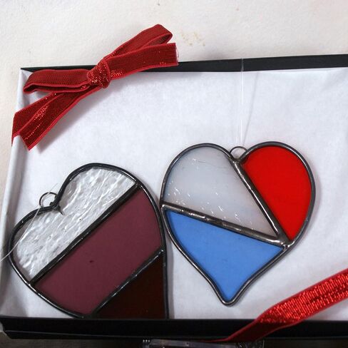 TCAG Heart Suncatcher (3"x3"), Clear Pink Red Striped Heart Ornament, Authentic Stained Art Glass, Handmade in Indiana, Mother's Day, Anniversary Gift, Birthday Gift, Packaged with Tissue and Ribbon in Saudi Arabia
