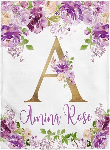 Floral Girl Name Blanket, Purple Lavender Lilac Flowers Roses Personalized Monogram Girl Baby Shower Gift 30x40 inches fleece in Saudi Arabia