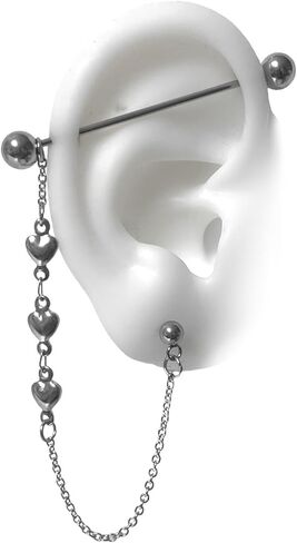 Industrial piercing with cartilage to lobe chain wiht hearts (32, 16 gauge) in Saudi Arabia