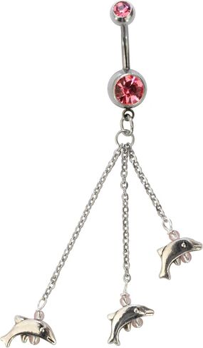 Handcrafted Navel Ring Curved Barbell Body Piercing Silver Dolphin Pink Rhinestone Dangle Belly Button Ring in Saudi Arabia