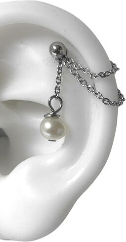 Helix piercing jewelry with freswater pearl and silver tone chains (STAINLESS STEEL BAR 8MM 14 GAUGE) in Saudi Arabia