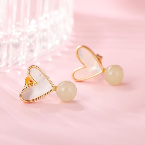 أقراط Hetian Jade Heart Nature ، أزرار مجوهرات حقيقية من اليشم الأخضر ، أقراط الأذن المصنوعة يدويًا للنساء (925 الفضة الاسترليني مع مطلي بالذهب) in Saudi Arabia