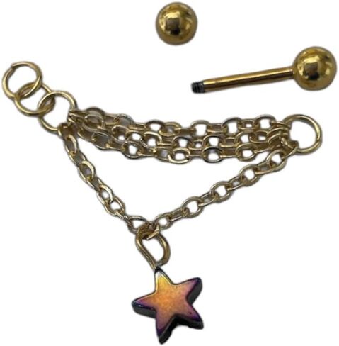 Helix piercing jewelry with gold filled 14K chains and hematite stone star shape with the piercing barbell (m2) (STAINLESS STEEL BAR 8MM 14 GAUGE) in Saudi Arabia