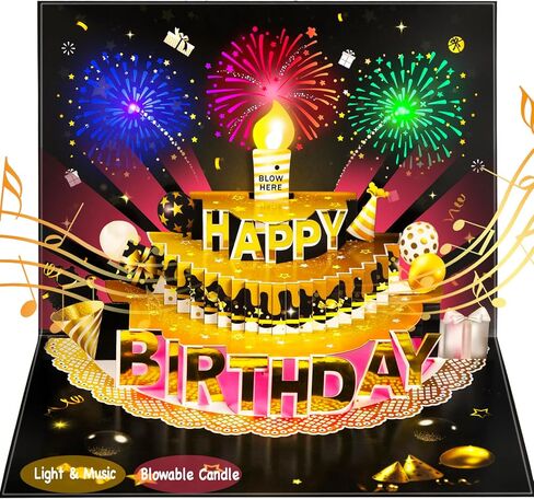 Pop Up Birthday Cards for Men - LED Light & Music with Blow The Candle, 3D Balloons, Singing Happy Birthday gifts Card for Husband - Women, Kids, Son, Her, & Dad in Saudi Arabia