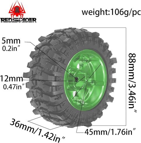 Redspider 1.9 '' إطارات الزاحف OD 88mm/3.46 '' (4pcs) لـ 1/12 RC Crawler MJX H12Y+ MN-128 MN82S LC79 (TIRES) in Saudi Arabia