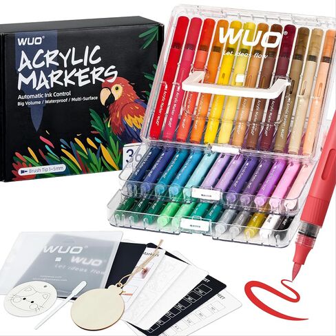 WUO 36 Colors Acrylic Paint Markers (2 Metallic), Automatic Ink Control Brush Tip for Multi-Surface Acrylic Paint Pens for Rock Painting, Wood, Canvas, Glass, DIY Art in Kuwait