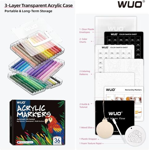 WUO 36 Colors Acrylic Paint Markers (2 Metallic), Automatic Ink Control Brush Tip for Multi-Surface Acrylic Paint Pens for Rock Painting, Wood, Canvas, Glass, DIY Art in Kuwait