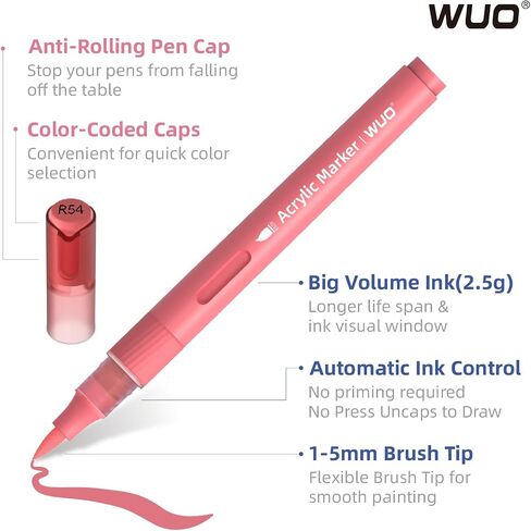 WUO 36 Colors Acrylic Paint Markers (2 Metallic), Automatic Ink Control Brush Tip for Multi-Surface Acrylic Paint Pens for Rock Painting, Wood, Canvas, Glass, DIY Art in Kuwait