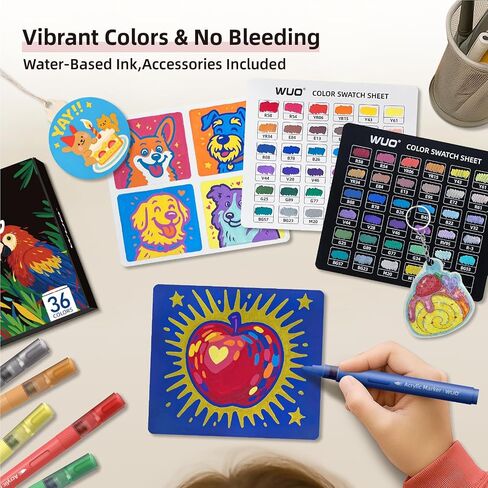 WUO 36 Colors Acrylic Paint Markers (2 Metallic), Automatic Ink Control Brush Tip for Multi-Surface Acrylic Paint Pens for Rock Painting, Wood, Canvas, Glass, DIY Art in Kuwait