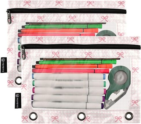 Pencil Pouch for 3 Ring Binder Pink Checkered and Bows 2 Pack Clear Window Pencil Bags with Zipper Pencil Case in Kuwait