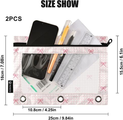 Pencil Pouch for 3 Ring Binder Pink Checkered and Bows 2 Pack Clear Window Pencil Bags with Zipper Pencil Case in Kuwait