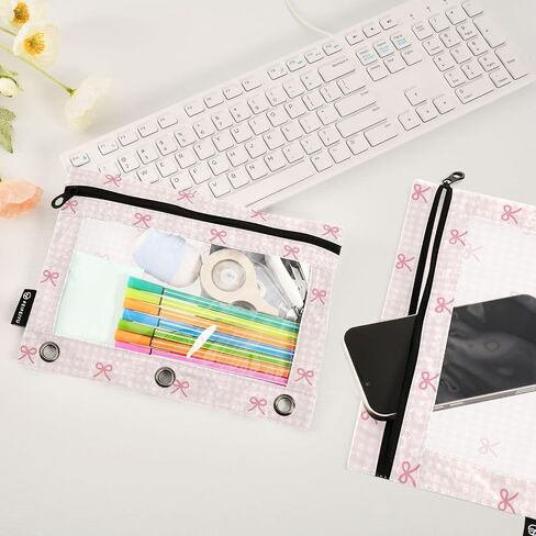 Pencil Pouch for 3 Ring Binder Pink Checkered and Bows 2 Pack Clear Window Pencil Bags with Zipper Pencil Case in Kuwait