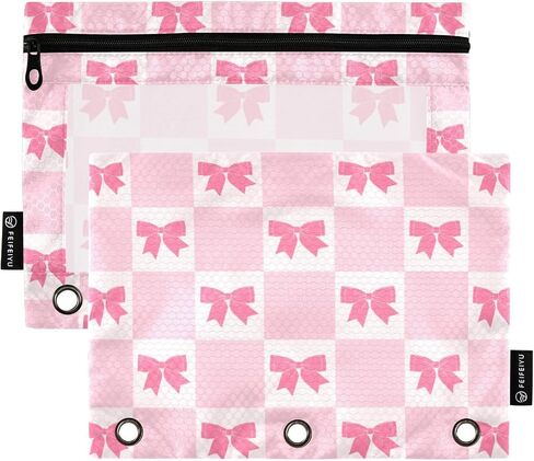 Pencil Pouch for 3 Ring Binder Pink Checkered and Bows 2 Pack Clear Window Pencil Bags with Zipper Pencil Case in Kuwait