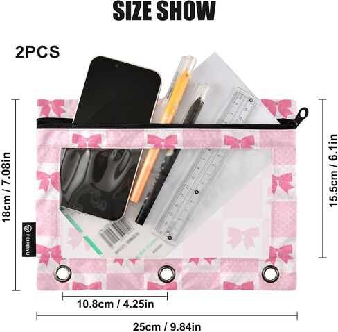 Pencil Pouch for 3 Ring Binder Pink Checkered and Bows 2 Pack Clear Window Pencil Bags with Zipper Pencil Case in Kuwait