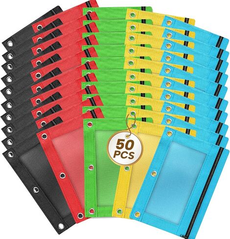 Pencil Pouch for 3 Ring Binder, 50 Piece Bulk 3 Holes Zipper Pencil Pouches in 5 Assorted Colors, Clear Durable Pencil Case for School, Classroom, Office Supplies in Kuwait