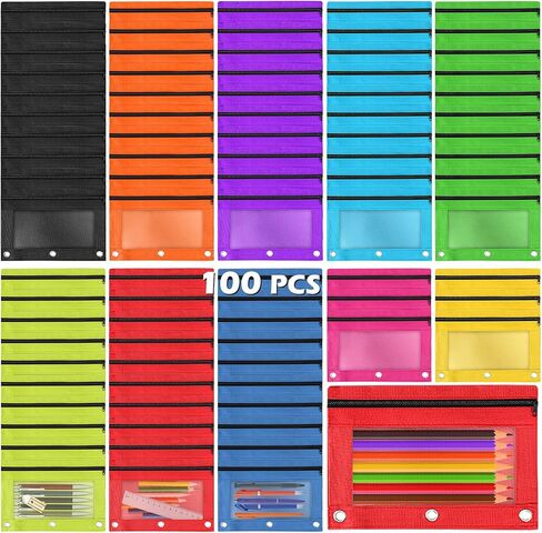 Pencil Pouch for 3 Ring Binder, 50 Piece Bulk 3 Holes Zipper Pencil Pouches in 5 Assorted Colors, Clear Durable Pencil Case for School, Classroom, Office Supplies in Kuwait