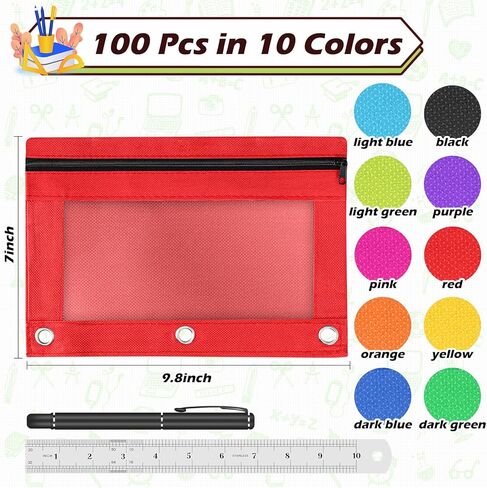 Pencil Pouch for 3 Ring Binder, 50 Piece Bulk 3 Holes Zipper Pencil Pouches in 5 Assorted Colors, Clear Durable Pencil Case for School, Classroom, Office Supplies in Kuwait