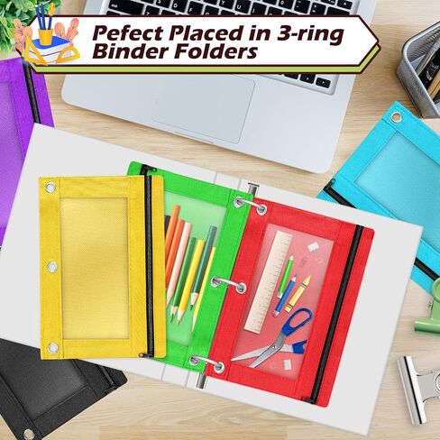 Pencil Pouch for 3 Ring Binder, 50 Piece Bulk 3 Holes Zipper Pencil Pouches in 5 Assorted Colors, Clear Durable Pencil Case for School, Classroom, Office Supplies in Kuwait