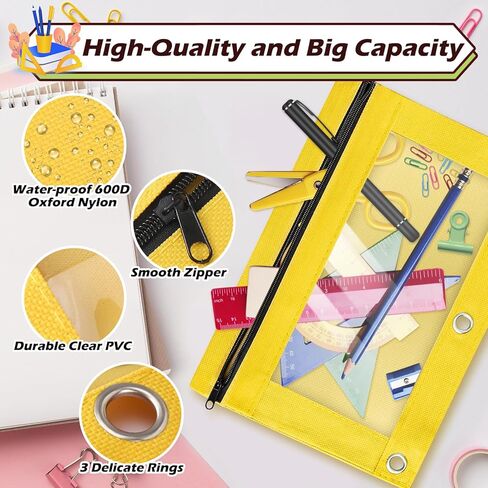 Pencil Pouch for 3 Ring Binder, 50 Piece Bulk 3 Holes Zipper Pencil Pouches in 5 Assorted Colors, Clear Durable Pencil Case for School, Classroom, Office Supplies in Kuwait