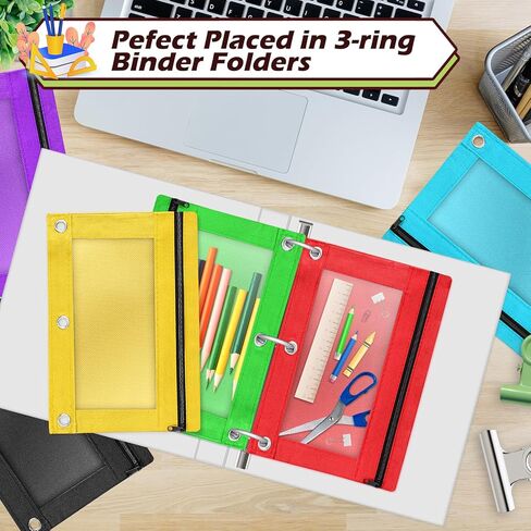 Pencil Pouch for 3 Ring Binder, 50 Piece Bulk 3 Holes Zipper Pencil Pouches in 5 Assorted Colors, Clear Durable Pencil Case for School, Classroom, Office Supplies in Kuwait