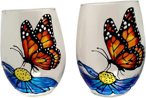Monarch Butterfly Blue Flower Hand Painted Wine Glasses Stemless Set of 2 Spring Home Decor in Saudi Arabia