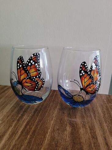 Monarch Butterfly Blue Flower Hand Painted Wine Glasses Stemless Set of 2 Spring Home Decor in Saudi Arabia