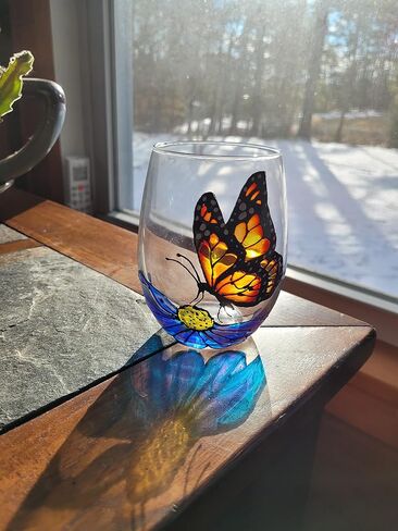 Monarch Butterfly Blue Flower Hand Painted Wine Glasses Stemless Set of 2 Spring Home Decor in Saudi Arabia