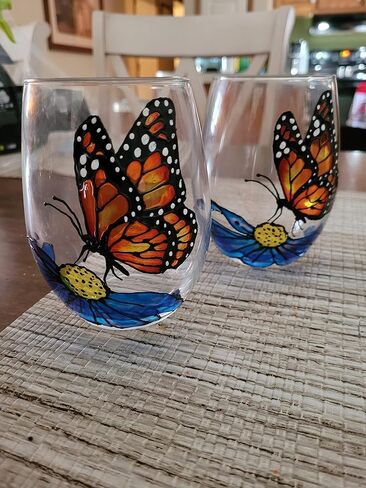 Monarch Butterfly Blue Flower Hand Painted Wine Glasses Stemless Set of 2 Spring Home Decor in Saudi Arabia