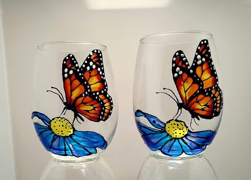 Monarch Butterfly Blue Flower Hand Painted Wine Glasses Stemless Set of 2 Spring Home Decor in Saudi Arabia