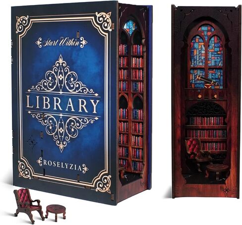 Book Nook DIY Kit - Nokboox 3D Wooden Diorama Miniature Library Bookend Insert with LED LID - Decorfles Decor Gift للبالغين والمراهقين - Navy Blue in Kuwait