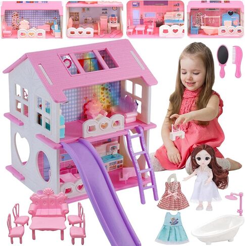 Dollhouse - لعبة Dollhouse لطيفة مع الضوء والشرائح وملحقات الأثاث ، مثالية لهواة الجمع والهواة الذين يحبون المنمنمات المنزلية in Kuwait