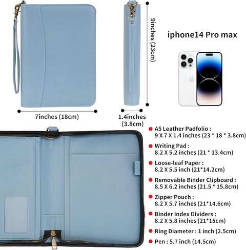 Wason Portfolio A5 Binder Journal with Zipper - Leather PU Notebook Padfolio مع دفتر ملاحظات قابل لإعادة التعبئة القابلة للفصل ، وسادة قانونية لدراسة الأعمال ومنظم السفر (Misty Blue) in Kuwait