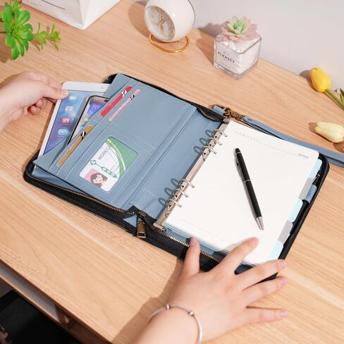 Wason Portfolio A5 Binder Journal with Zipper - Leather PU Notebook Padfolio مع دفتر ملاحظات قابل لإعادة التعبئة القابلة للفصل ، وسادة قانونية لدراسة الأعمال ومنظم السفر (Misty Blue) in Kuwait