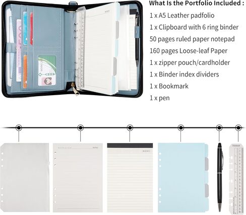 Wason Portfolio A5 Binder Journal with Zipper - Leather PU Notebook Padfolio مع دفتر ملاحظات قابل لإعادة التعبئة القابلة للفصل ، وسادة قانونية لدراسة الأعمال ومنظم السفر (Misty Blue) in Kuwait
