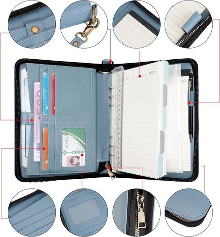 Wason Portfolio A5 Binder Journal with Zipper - Leather PU Notebook Padfolio مع دفتر ملاحظات قابل لإعادة التعبئة القابلة للفصل ، وسادة قانونية لدراسة الأعمال ومنظم السفر (Misty Blue) in Kuwait